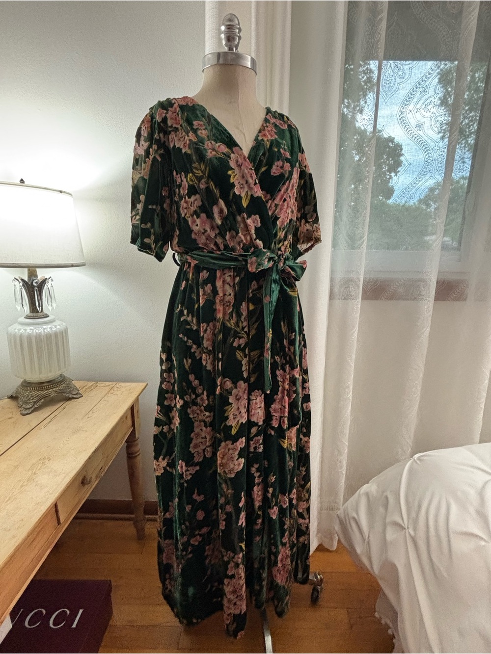 Baltic Born Dark Green Floral Velvet Wrap Maxi Dress w/Pink Blooms, M, VGUC